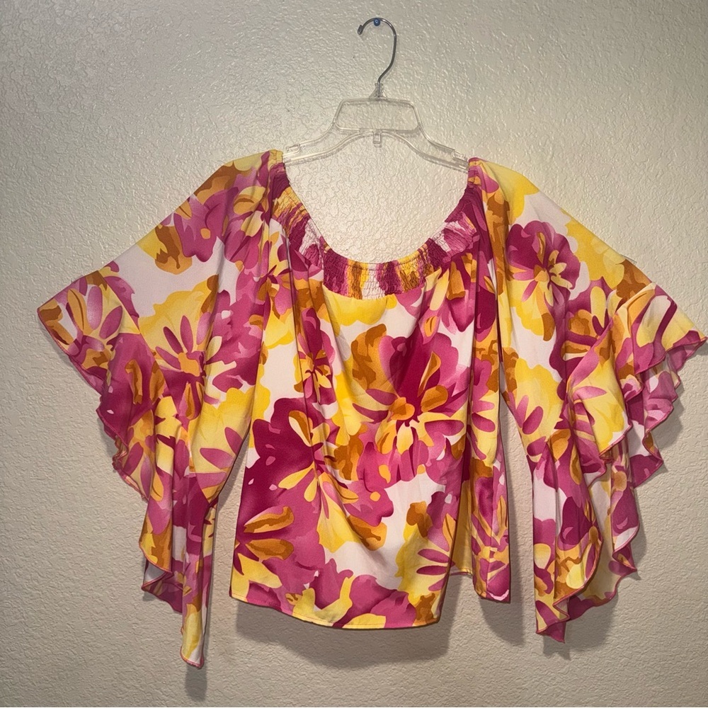 Boho Floral Off Shoulder Top Women’s L Bell Sleeve Festival Peasant Blouse